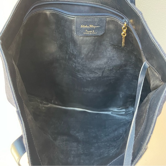 VTG Salvatore Ferragamo Firenze 8 Navy Blue Denim Leather Tote Shoulder Bag - Picture 8 of 14